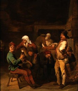 A Tavern Interior with Peasants Smoking and Drinking by the Fire