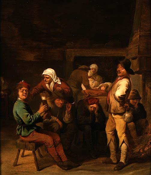 A Tavern Interior with Peasants Smoking and Drinking by the Fire