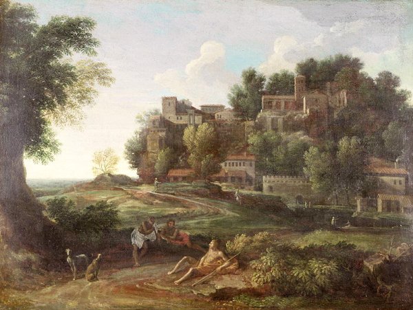 An Italianate wooded landscape with figures resting on a path and a town beyond