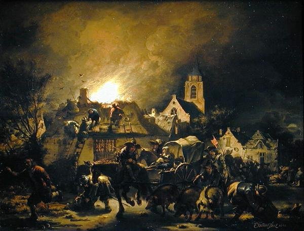 Fire in a village at night, 1655