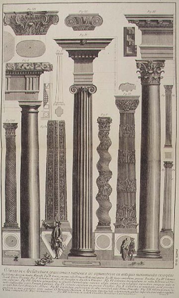 Plate CI-II Variations in Greek Architecture depicting a table of columns from monuments of antiquity from Vedute, first published in 1756, pub. by E. and F.N. Spon Ltd., 1900