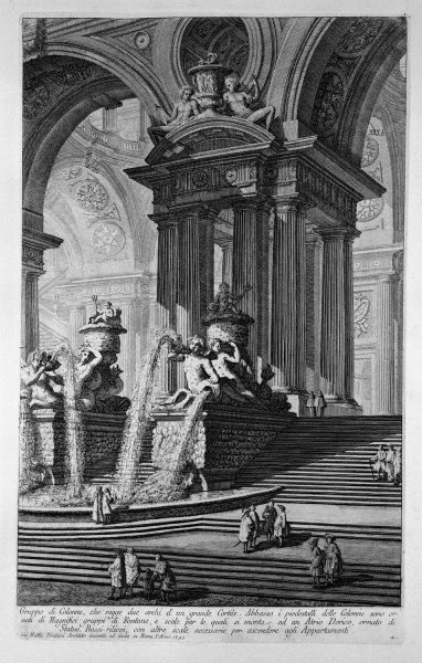 Plate LXV Architectural capriccio of a monumental group of columns supporting two arches of a grand courtyard with magnificent fountains ornamented with statues and bas-reliefs dated 1743 from Vedute, first published in 1756, pub. by E a F.N. Spon Ltd.,