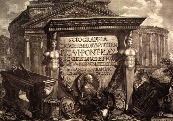 Plate LXXIII-IV Capriccio of architectural ruins and antiquities, illustration for chapter entitled Pantheon and Temples of Vedute, first published in 1756, pub. by E and F.N. Spon Ltd., 1900