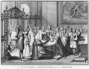 Priest baptising, illustration from Religious Ceremonies and Customs of all the nations of the world, published Amsterdam, 1723