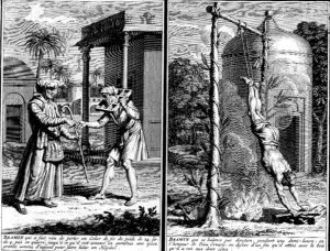 A Brahmin who wears an iron collar to raise funds for a hospital and a Brahmin suspended over a fire in devotion, illustrations from Religious Ceremonies and Customs, c.1724