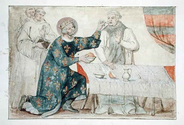 Ms 1779 fol.81 St. Louis feeding a miserly monk, from Memoires pour la Vie de Saint Louis