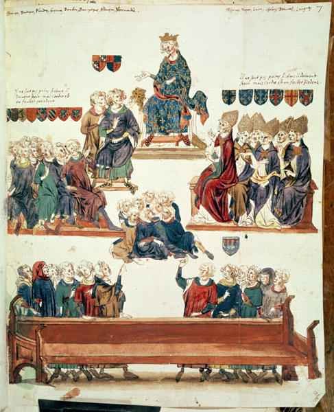 Ms 1796 f.7 The Trial of Robert dArtois 1287-1342, Count of Beaumont, presided over by Philip VI 1293-1350 in 1331