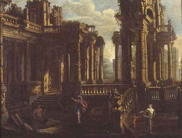 A capriccio of classical ruins with a warrior, a satyr and Cupid chasing a nymph