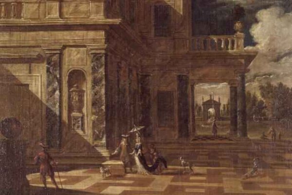 Architectural capricci with elegant figures