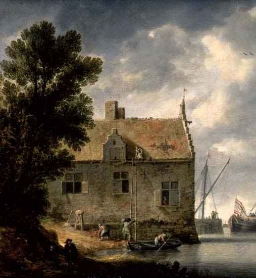 Builders repairing a House by a river