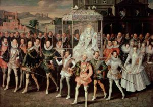 Queen Elizabeth I 1533-1603 being carried in Procession Eliza Triumphans c.1601