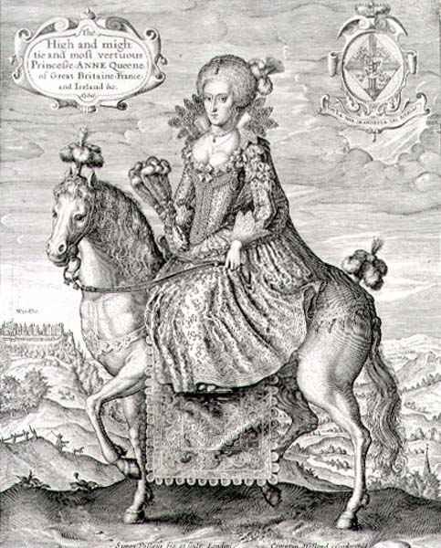 Equestrian Portrait of Anne of Denmark 1574-1619 engraved by the artist, pub. by Compton Holland, 1616