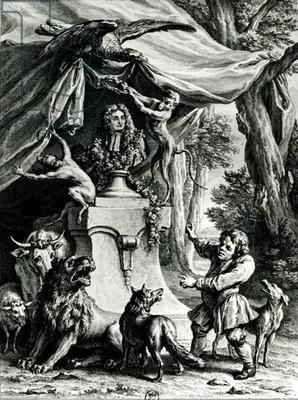 Allegorical portrait of Jean de La Fontaine 1621-95 surrounded by animals from his fables