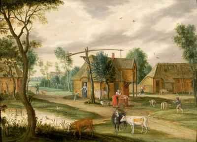 A village landscape with a woman drawing water from a well