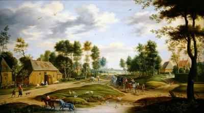 Landscape with a wagon and travellers passing through a village