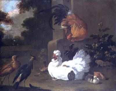 A Ruft a Lapwing and chickens by a mounting block