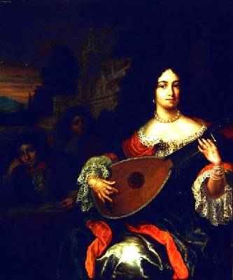 A Lady playing a lute with two boys at her side