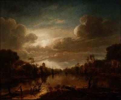 A river landscape by moonlight