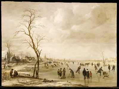 A Winter Landscape with Townsfolk Skating and Playing Kolf on a Frozen River a Town Beyond