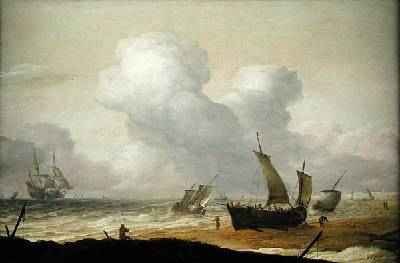 Coastal scene with fishing pinks inshore and a Man OWar offshore