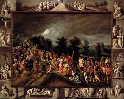 The Road to Calvary Depicted in the Central Panel and Scenes from the Crucifixion and Resurrection on the Frame