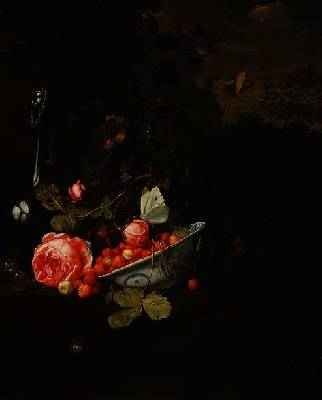 Still Life of Wild Strawberries a Rose and a Glass Bottle 1690