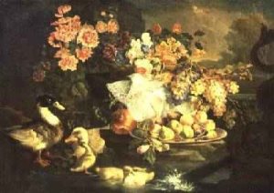 Still Life of Fruit and Flowers with a Duck Drake and Ducklings