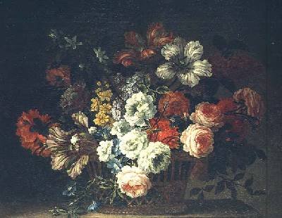 Still life with flowers in a basket