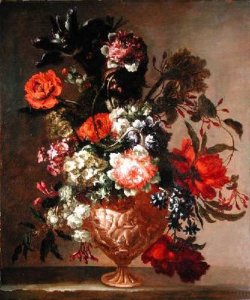 Still life of flowers in a sculpted vase