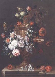 Still life of flowers in a sculpted vase