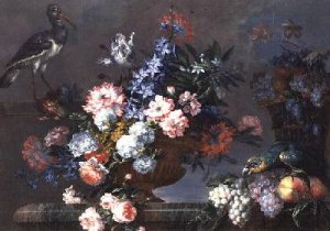 A Still Life of Fruit and Flowers with Birds