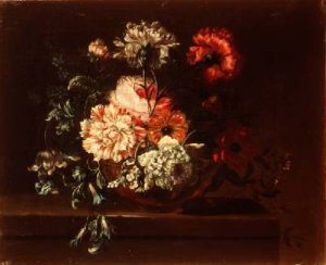 Roses carnations and convolvuli on a ledge