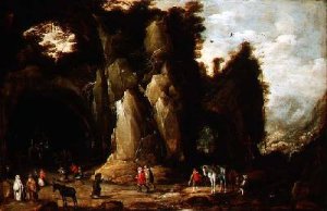 Pilgrims in a rocky grotto