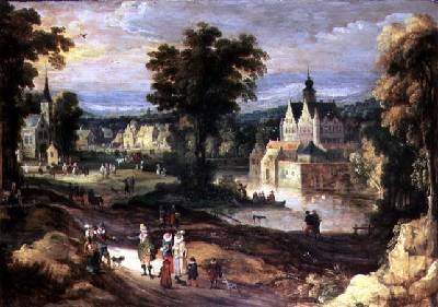 Figures in a landscape with village and castle beyond