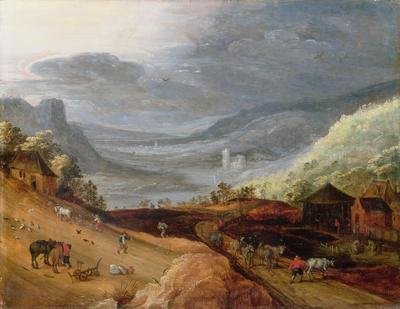 Rural Landscape with a Farmer Bridling Horses a Ploughman a Sower and a Drover driving Cattle