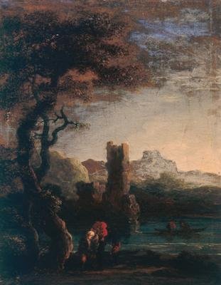 Landscape with tower figures and boat