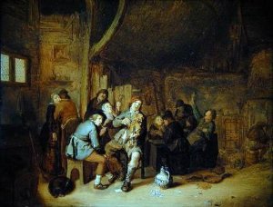 Figures smoking and playing music in an inn