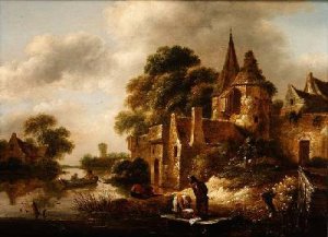 River Landscape with Peasants near a Castle