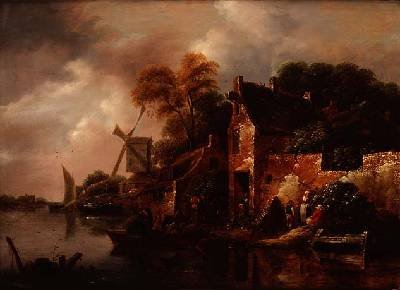 Houses and a Windmill by a River with Boats and Fisherfolk