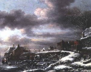 A Winter Landscape with Figures in a Horse-drawn Sledge