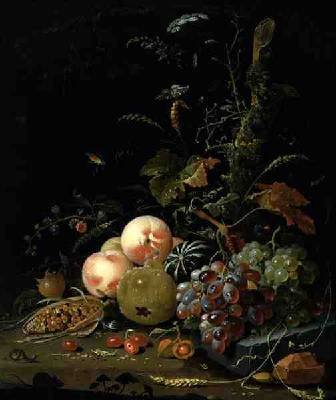 Still life with fruit and corn