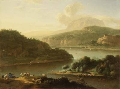 A river landscape with shepherd and peasant woman in the foreground