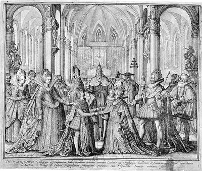 The Double Marriage in 1615 of Louis XIII 1601-43 to Anne of Austria 1601-66 and Philip of Austria 1605-65 future Philip IV of Spain to Elizabeth of France 1602-44