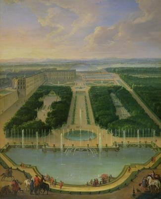 Perspective view of the chateau of Versailles seen from the Neptune Fountain 1696