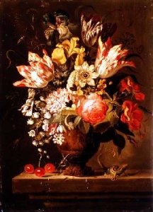 Still Life of Flowers in a Vase with a Lizard on a Ledge