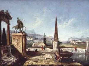 Capriccio of classical monuments obelisk with soldiers by a Pool and Mountains beyond