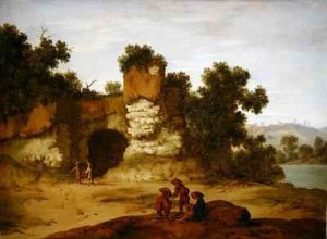 A rocky landscape with travellers resting