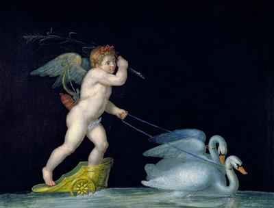 Cupid being led by a pair of swans