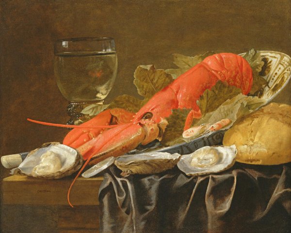 Still life with lobster shrimp roemer oysters and bread