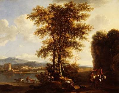 An Italianate wooded river landscape with travellers on a path